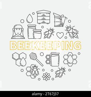 Bienenzucht runde Vektor-Illustration mit Biene, Honig, Honigwabe, Bienenwabe Ikonen in dünner Linie Stil gemacht Stock Vektor