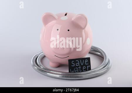 Wasserknappheitskonzept. Karte mit Spruch Wasser sparen, Schweinebank und Duschschlauch isoliert auf weiß Stockfoto