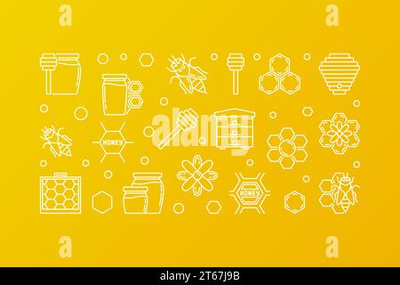Honig und Imkerei Vektor gelbe Umrissbanner aus Honigbiene, Biene, Bienenwabe, Bienenstock, Blume, Symbole für dünne Linien im Honigglas Stock Vektor