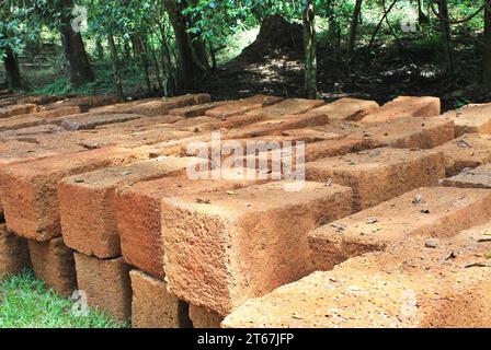 Stapel von getrockneten Lateritblöcken, die für Restaurierungsprojekte im Angkor Wat Archaeological Park Complex in der Nähe von Siem Reap, Kambodscha, verwendet werden können. Stockfoto