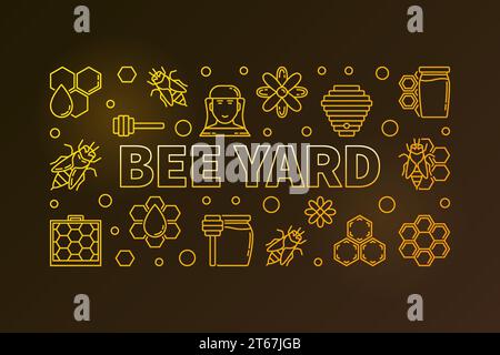 Biene Yard Vektor farbige horizontale Banner oder Illustration mit Imkerei und Imker Umrisssymbole auf dunklem Hintergrund gemacht Stock Vektor