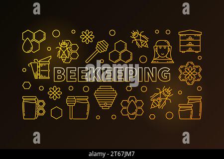 Bienenzucht-Vektor farbige horizontale Illustration mit Biene, Honig, Honigwabe, Bienenwabe Ikonen in dünner Linie Stil auf dunklem Hintergrund Stock Vektor