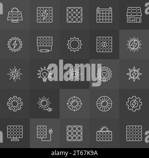 Sonnen- und Sonnenkollektoren-Symbole - Vektorsammlung von Sonnenenergie-Umrisssymbolen auf dunklem Hintergrund Stock Vektor