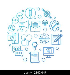 E-Mail Marketing blaue runde Vektorkonzeptabbildung mit Umrisssymbolen auf weißem Hintergrund Stock Vektor