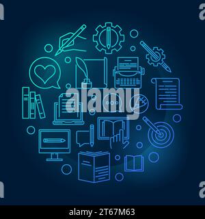 Schreibe blaue Vektor-kreisförmige Konzeptabbildung mit linearen Schreibsymbolen auf dunklem Hintergrund Stock Vektor