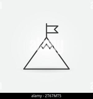 Flagge auf dem Gipfel des Berges Vektorkontur Symbol. Symbol für Erfolgskonzept in dünner Linie Stock Vektor