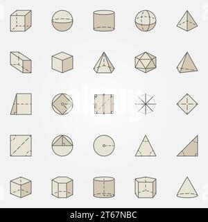 Geometrie bunte Symbole. Vektorsatz kreativer geometrischer Formen Zeichen. Zylinder, Würfel, Pyramide, kugelbraune Konzeptsymbole oder Designelemente Stock Vektor