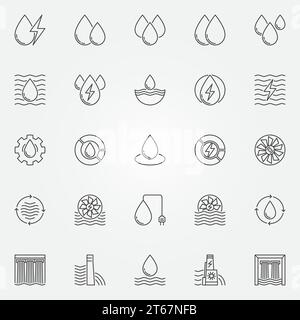 Hydropower-Symbole eingestellt. Vektorsymbole für Wasserkraft und Energiekonzept in dünner Linie. Staudamm und Wassertropfen umreißen Schilder Stock Vektor