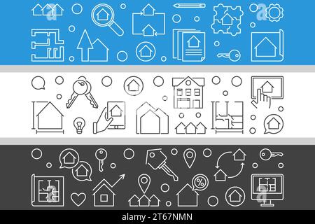 Vektorsatz von drei kreativen Real Estate Bannern in dünner Linie Stock Vektor