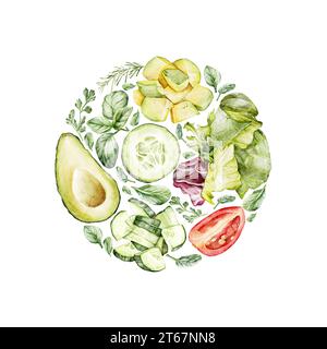 Rundes Etikett mit Gemüse und Kräutern. Handgezeichnetes Aquarell. Für die Symbole, Design von Schildern, Logo, gesunde Markenetiketten, Verpackung, oder Stockfoto