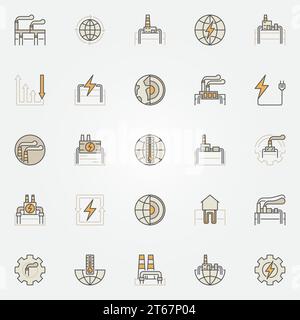 Geothermische Energie farbenfrohe Symbole. Vektorsammlung kreativer geothermischer Kraftwerke. Symbole für Energie und Elektrizität Stock Vektor