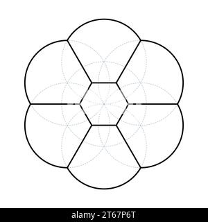 Seed of Life 3D-Ansicht. Antike geometrische Figur, spirituelles Symbol und Heilige Geometrie. Aus 7 überlappenden Kreisen, die ein blumenähnliches Muster bilden. Stockfoto