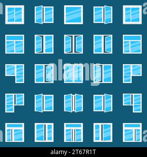 Symbole für flache Fenster. Vektorsatz mit Symbolen oder Designelementen aus offenen Kunststofffenstern Stock Vektor