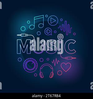 Musik farbige runde Vektor-Illustration mit WORTMUSIK und linearen Symbolen auf dunklem Hintergrund Stock Vektor