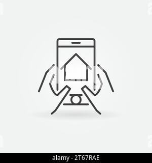 Immobiliensuche per Smartphone. Hände halten Telefon mit Real Estate App Konzept Symbol in dünner Linie Stock Vektor