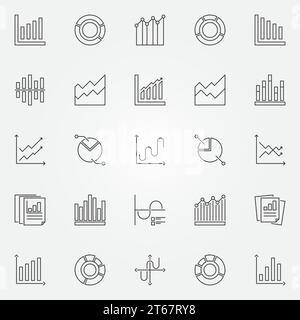 Diagramm- und Diagrammsymbole festgelegt. Vektorsammlung von Symbolen für Statistikkonzepte in dünner Linienart Stock Vektor