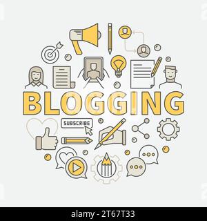 Bunter Bloggen. Rundes Vektorsymbol mit WORTBLOGGING und kreativen Blogsymbolen Stock Vektor