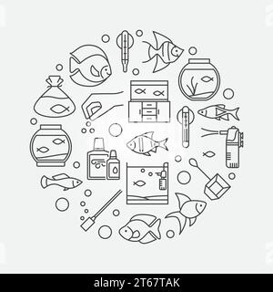 Aquarium Runde Illustration - Vektorsymbol mit Ikonen von Fischen und Zubehör in dünner Linie Stil. Aquariumistik-Konzeptschild Stock Vektor