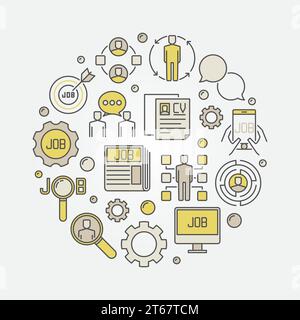 Kreisförmiges Zeichen für Jobsuche. Kreatives Vektor-Symbol mit farbenfrohen Karriere- und Beschäftigungssymbolen Stock Vektor