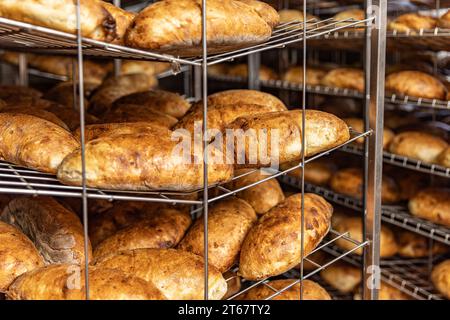 Frisch gebackene Brotloafs in den Regalen, Nahaufnahme Stockfoto