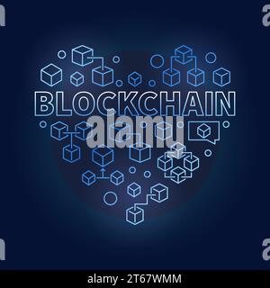Blockchain-Technologie Blue Heart. Ich liebe Block Chain Vektor kreative Symbole oder Illustration mit umrissenen Blockchain Konzept Icons auf dunklem Hintergrund Stock Vektor