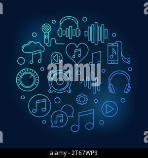 Musik runde blaue Illustration. Kreisförmiges Vektorsymbol mit kreativem Sound und audion Concept umreißen Symbole auf dunklem Hintergrund Stock Vektor