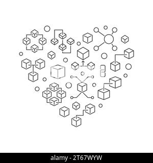 Blockchain-Konzept Herz. Moderne, abstrakte Blockketten- und Würfelsymbole in Herzform. Vektorabbildung Stock Vektor