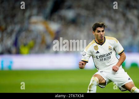 Madrid, Spanien. November 2023. Brahim Diaz von Real Madrid spielte am 8. November 2023 im Santiago Bernabeu Stadion in Madrid in der Gruppe C zwischen Real Madrid und Sporting Clube de Braga. (Foto: Alex Carreras/Imago) Credit: PRESSINPHOTO SPORTS AGENCY/Alamy Live News Stockfoto