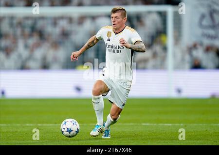 Madrid, Spanien. November 2023. Toni Kroos von Real Madrid spielte während des UEFA Champions League-Spiels Gruppe C zwischen Real Madrid und Sporting Clube de Braga am 8. November 2023 im Santiago Bernabeu Stadion in Madrid. (Foto: Alex Carreras/Imago) Credit: PRESSINPHOTO SPORTS AGENCY/Alamy Live News Stockfoto