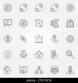 Symbole für Leasing und Darlehen festgelegt. Vektorsammlung von Bank- und Finanzsymbolen oder Designelementen in dünner Linienform Stock Vektor