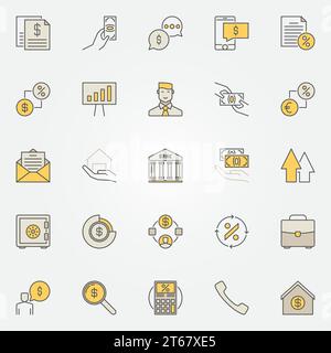 Leihen Sie sich bunte Symbole aus. Vektorsatz mit kreativen Symbolen für Geld und Banking. Design-Elemente-Kollektion für Finanzen Stock Vektor