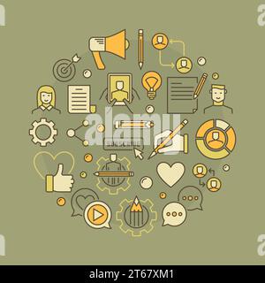 Blogging-Konzept Illustration – kreatives Rundsymbol mit Bloggern und Blog-Icons Stock Vektor