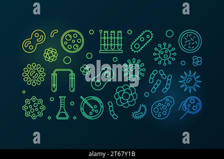 Pathogenität bunte Umrissdarstellung. Horizontales Vektor-Banner mit Pathogen- und Virus-Symbolen in dünner Linie auf dunklem Hintergrund Stock Vektor