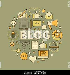 Blogging-Vektorkonzept. Rundes kreatives Symbol mit WORTBLOG und modernen Blogging-Symbolen Stock Vektor