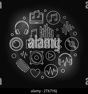 Runder silberner Musikvektor mit umrissenen Konzeptsymbolen auf dunklem Hintergrund Stock Vektor