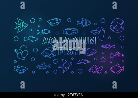 Aquarium Fisch Vektor farbige horizontale Banner in dünner Linie Stil. Exotische tropische Aquarienfischkonzeptillustration auf dunklem Hintergrund Stock Vektor