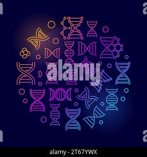 Desoxyribonukleinsäure runde bunte Illustration. Vektorkonzept Biotechnologie und DNA-Symbol im dünnen Linienstil auf dunklem Hintergrund Stock Vektor