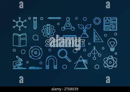 Wissenschaft Moderne horizontale Vektor-blaue Illustration im Umrissstil auf dunklem Hintergrund Stock Vektor