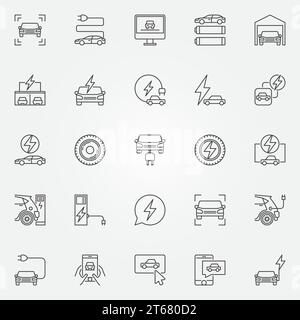 Symbole für Elektrofahrzeuge eingestellt. Vektorsymbole für Elektrofahrzeuge und Fahrzeugladekonzepte in dünner Linie Stock Vektor