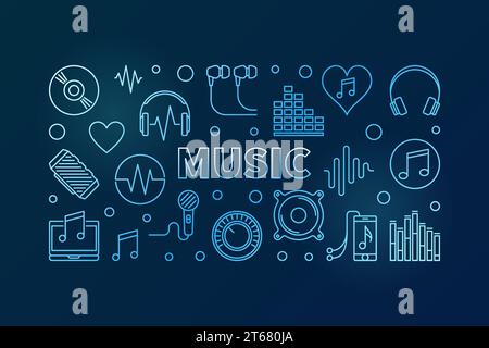 Blaue horizontale Illustration oder Banner des Musikvektors mit Kontursymbolen auf dunklem Hintergrund Stock Vektor