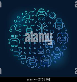 Roboter und KI runde blaue Illustration. Kreisförmiges farbenfrohes Vektorsymbol mit künstlicher Intelligenz und Robotersymbolen auf dunklem Hintergrund Stock Vektor