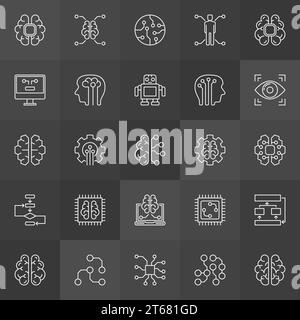 AI Icons Collection - Vektor-Konzept für künstliche Intelligenz lineare Symbole auf dunklem Hintergrund Stock Vektor