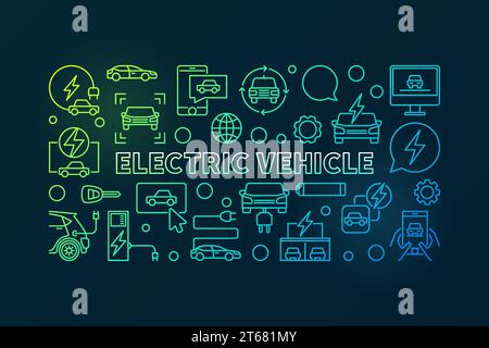 Bunte Illustration für Elektrofahrzeuge. Vector EV horizontales Concept-Banner mit Autosymbolen auf dunklem Hintergrund Stock Vektor