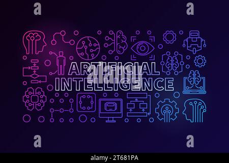 Moderne farbenfrohe Vektorillustration mit Wörtern Künstliche Intelligenz und Technologie-Ikonen in dünner Linie auf dunklem Hintergrund Stock Vektor
