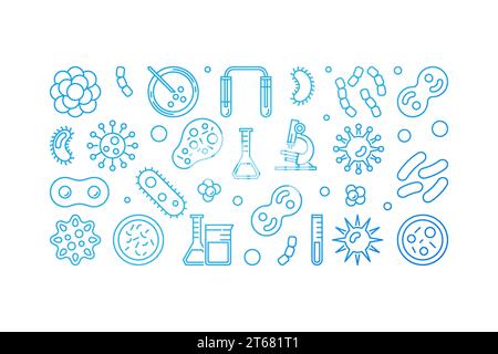 Blaue Umrandung von Viren oder horizontales Banner mit Symbolen für Virenkonzepte auf weißem Hintergrund Stock Vektor