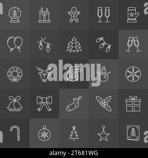Symbole für Weihnachtskonturen. Vektor Weihnachten minimale lineare Zeichen auf dunklem Hintergrund Stock Vektor