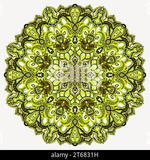 Mandala abstraktes Grün, Oliven kleine elegante Details mit Kreismuster. Wunderschöner Hintergrund. Verziert, braun, gelb, grasgrün auf dem weißen Rücken Stockfoto