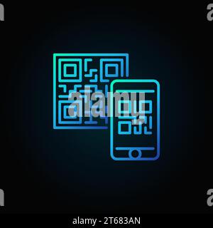 Mobiltelefon scannt QR-Code-Vektor blaues lineares Konzeptsymbol oder Symbol auf dunklem Hintergrund Stock Vektor