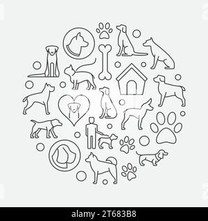 Hund runde Illustration - Vektorkonzept dünne Linie kreisförmiges Symbol mit Hundesymbolen Stock Vektor