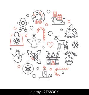 Fröhliche Weihnachten Vektor-kreisförmige Illustration mit Weihnachtskontursymbolen gemacht Stock Vektor